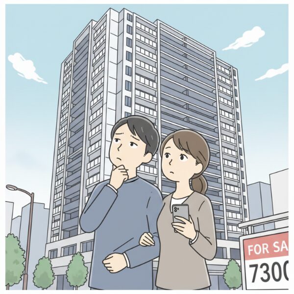 夫婦が新築マンションを見上げて困っているイメージ画像