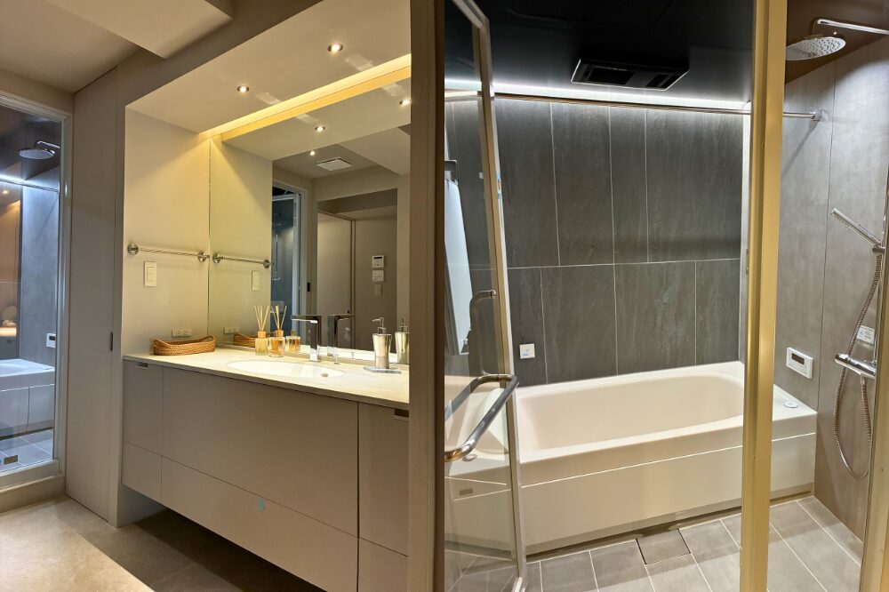 G1コンセプトルームの洗面台とスケルトンバス